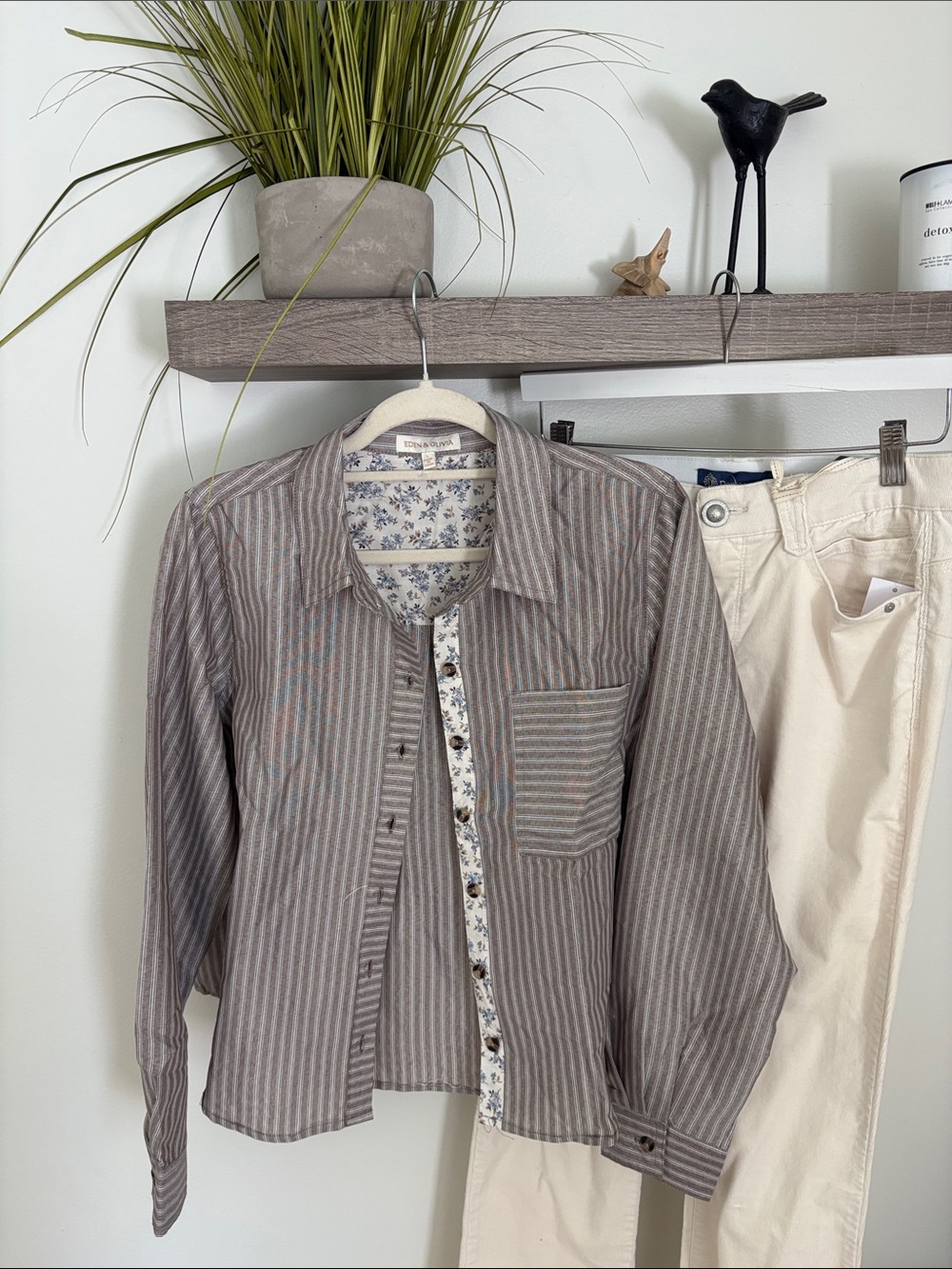 Eden & Olivia Taupe and Cream Striped Button-Down Shirt